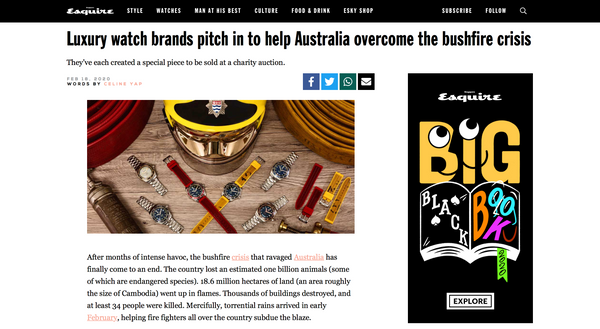 William Wood Watches supports Australian Bushfires, Esquire Singapore